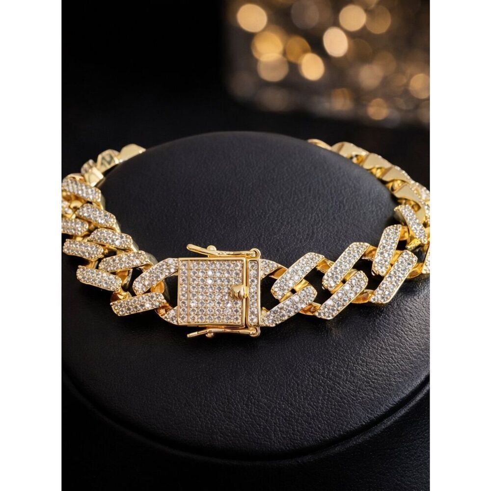 Gold Prong Set Cuban Link Bracelet